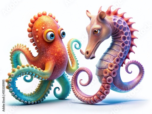 Adorable 3D Cartoon Seahorse & Octopus Swimming in Low Light, Underwater Scene, Game Asset photo