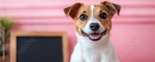 Cute dog sitting beside a blank board on a pastel pink background, ideal for petfocused advertising and creative marketing concepts photo