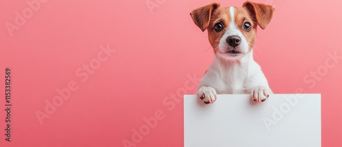 Cute dog sitting by a blank board with a pastel pink background, perfect for pet branding, advertisements, and lifestyle themes photo