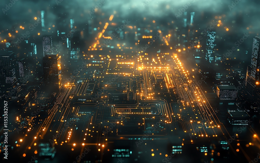 Fototapeta premium Futuristic circuit board with illuminated light and cloud computing imagery, representing the synergy between technology and cloudbased services