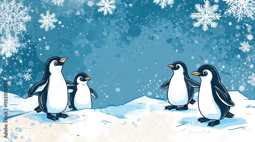 Obraz premium Winter themed doodle featuring playful penguins on a snowy landscape surrounded by snowflakes. Generative AI