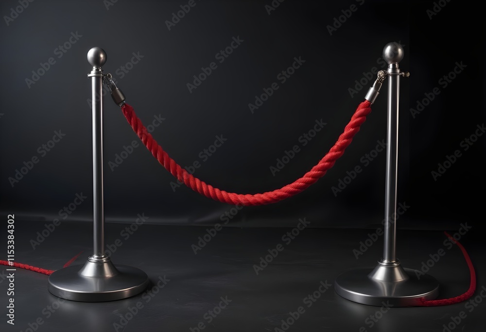 A red rope barrier with metal stanchions on a dark background A red rope barrier with metal stanchions on a dark background