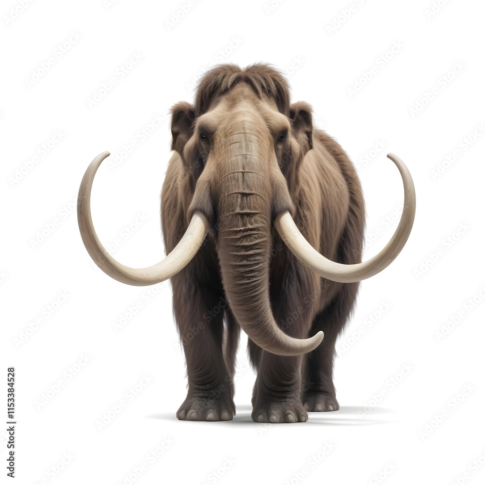 Obraz premium A woolly mammoth with large curved tusks standing against a white background