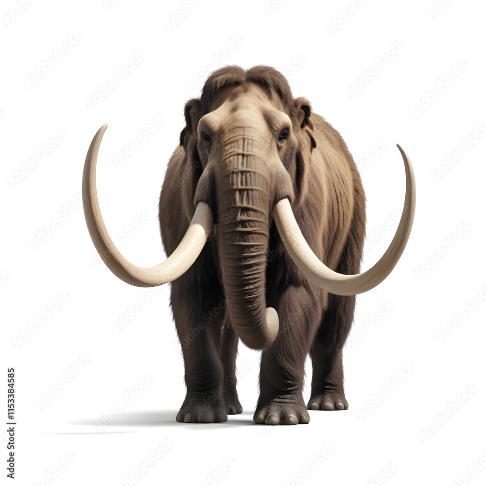 Obraz premium A woolly mammoth with large curved tusks standing against a white background