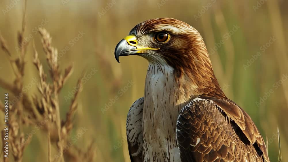 Majestic hawk perched in tall grass during golden hour in a serene natural setting Majestic hawk perched in tall grass during golden hour in a serene natural setting