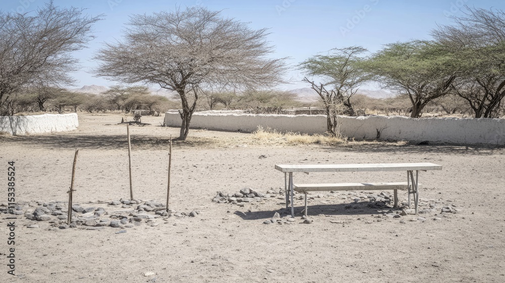 A barren landscape with a table and sparse trees, suggesting a remote gathering place. A barren landscape with a table and sparse trees, suggesting a remote gathering place.