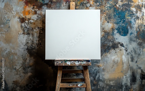 A blank canvas on a wooden stool with a distressed grunge background, representing the beginning of an artistic creation and creative process photo