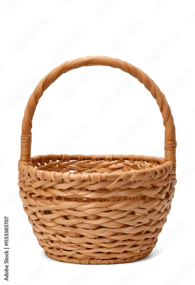 A woven wicker basket with a curved handle A woven wicker basket with a curved handle