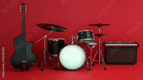 Red background showcasing a bass guitar drum kit and keyboard