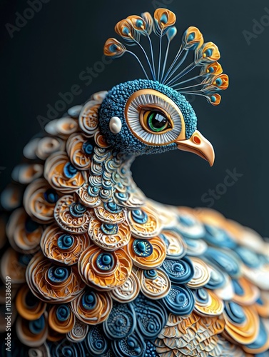 A stylized peacock crafted with intricate detail. Its feathers are a mix of blue and gold with decorative patterns. Ideal for art prints or fantasy character design. photo