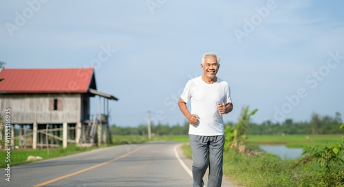 Elderly asian male jogging on country road with rural landscape in background for fitness and wellness themes photo