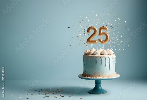 A birthday cake with the number 25 on it, surrounded by confetti against a light blue background