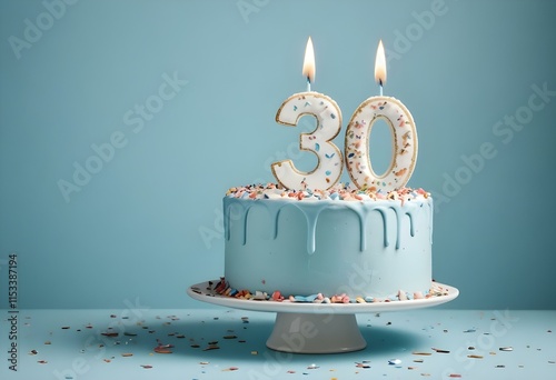 A birthday cake with the number 30 on it, surrounded by confetti against a light blue background
