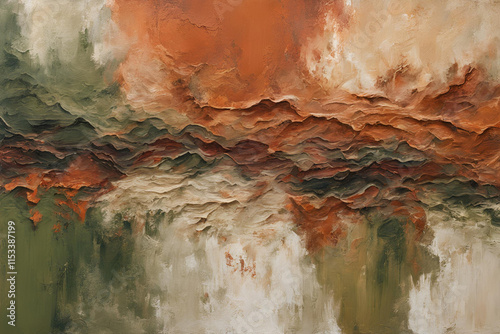 A textured abstract background in earthy terracotta, olive green, and beige, with visible brushstrokes.