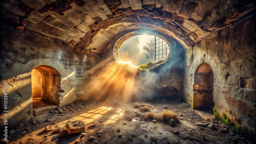 Fototapeta premium Surreal Photo: Ancient Fort Ventilation Shaft, Mystical Light, Dreamlike Atmosphere