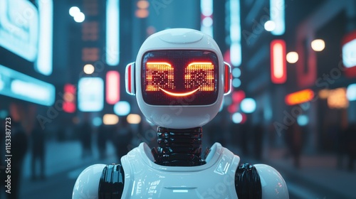 Robot smiling in futuristic city digital art nighttime urban environment close-up view technology and emotion concept