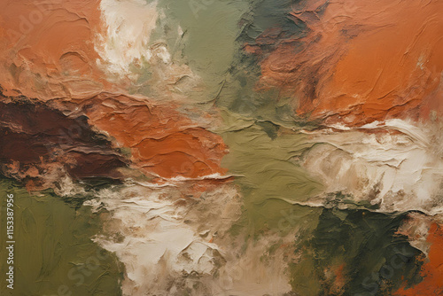 A textured abstract background in terracotta, olive green, and beige with visible brushstrokes.