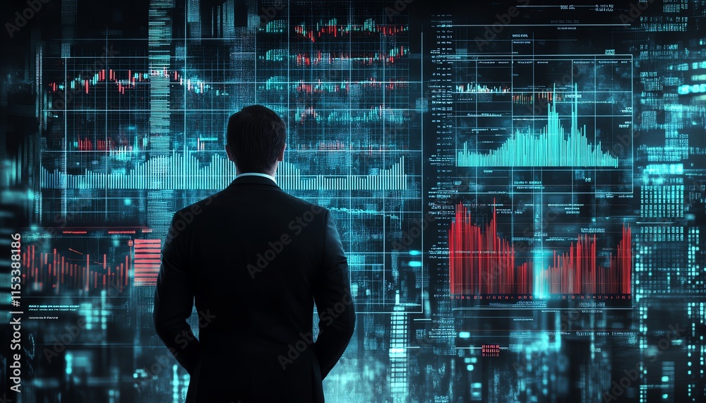 Businessman analyzing financial data on a digital screen, making important decisions in a modern office setting, representing business strategy and growth Businessman analyzing financial data on a digital screen, making important decisions in a modern office setting, representing business strategy and growth