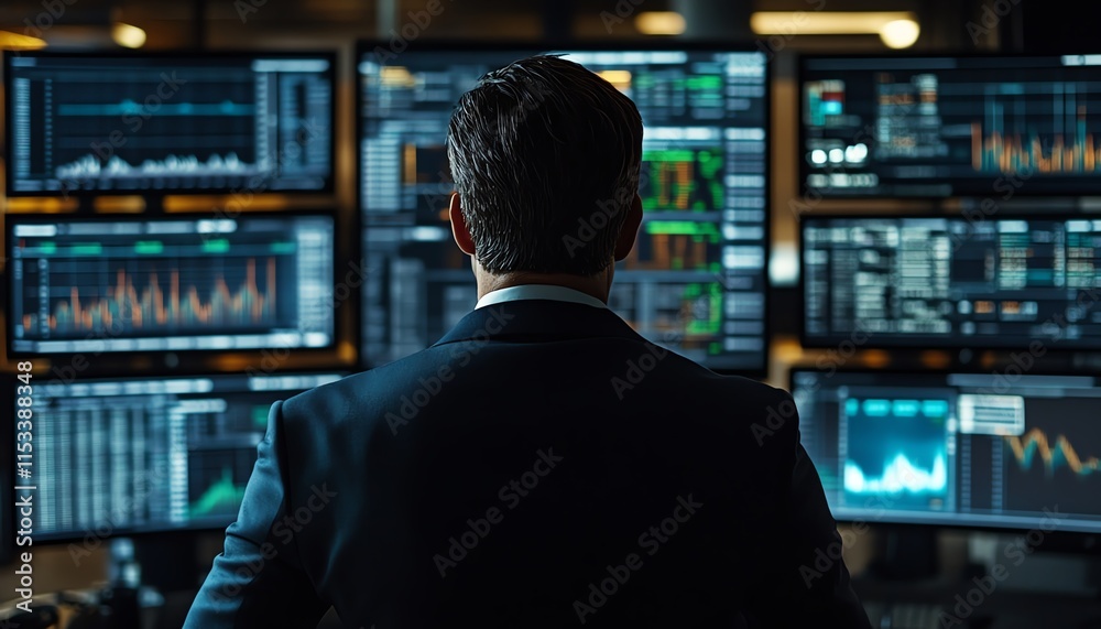 Businessman in a suit analyzing financial data on multiple screens, making important strategic decisions in a hightech business environment Businessman in a suit analyzing financial data on multiple screens, making important strategic decisions in a hightech business environment