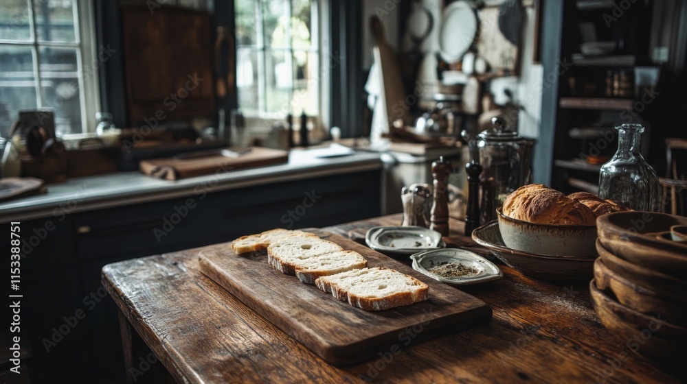 Sliced Bread on Rustic Wooden Cutting Board in Kitchen