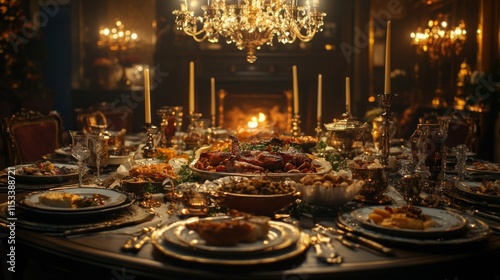 Lavish Festive Dinner Table Setting With Roasted Chicken