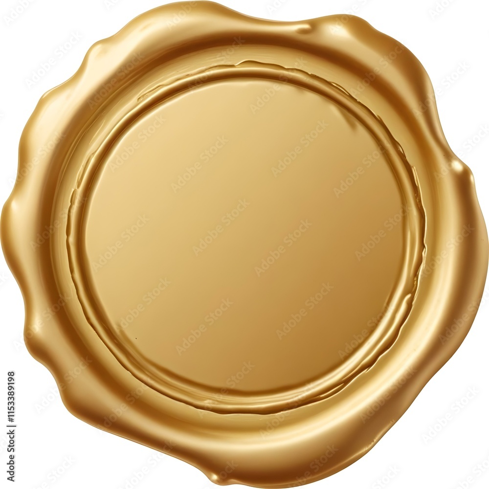 A golden wax mockup seal or stamp, with a smooth, glossy surface and a slightly raised, circular design A golden wax mockup seal or stamp, with a smooth, glossy surface and a slightly raised, circular design