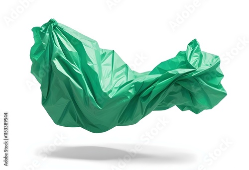 A crumpled green plastic bag floating in the air, with the material creating abstract and organic shapes against a plain white background