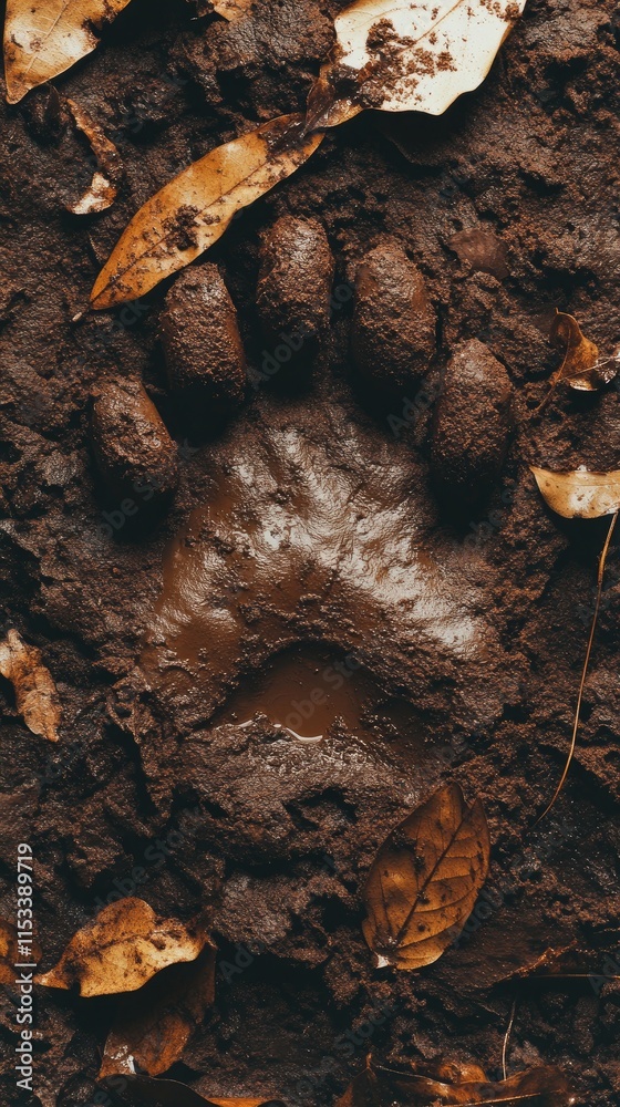 A large animal paw print in muddy soil surrounded by fallen leaves. A large animal paw print in muddy soil surrounded by fallen leaves.