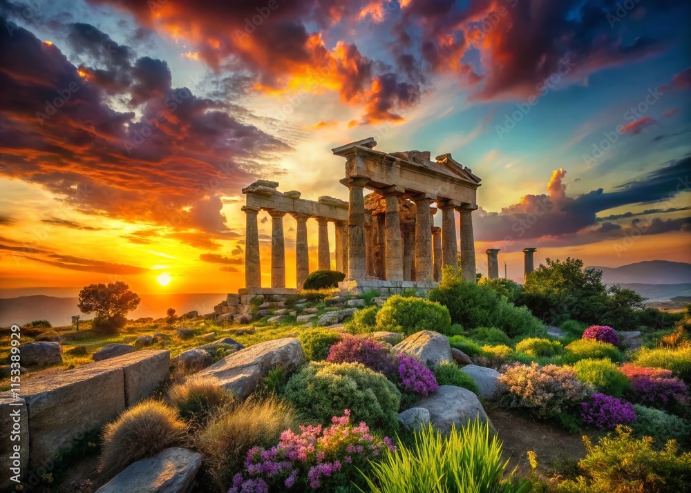 Obraz premium Surreal Sunset over Greek Temple Ruins: Panoramic Summer Landscape