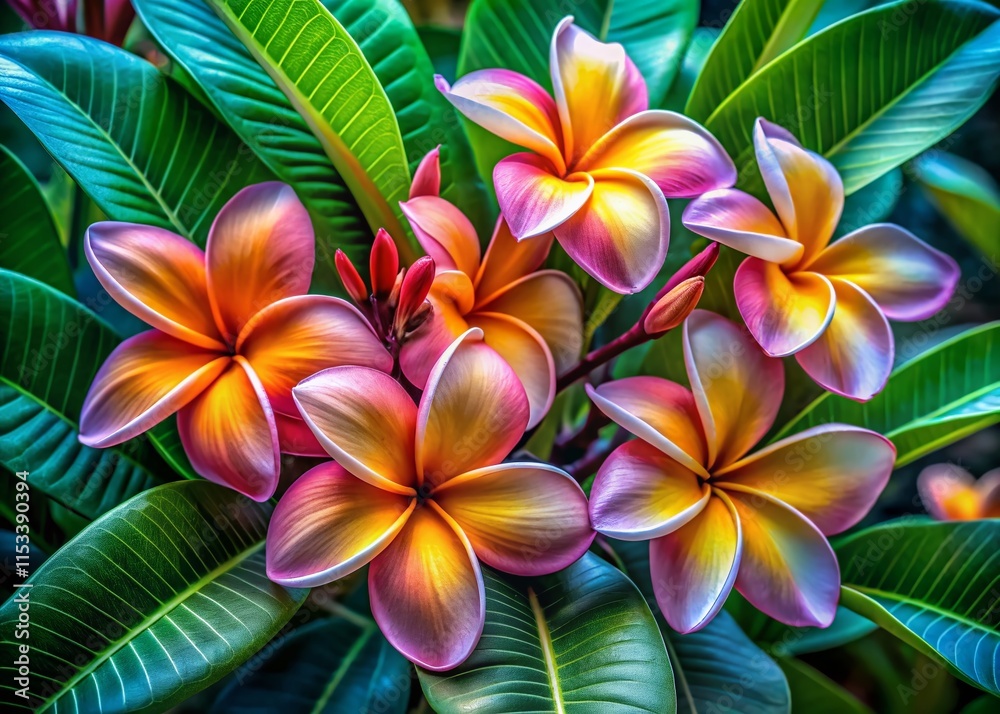 Fototapeta premium Surreal Tropical Frangipani Flowers: Dreamlike Bloom in Vibrant Hues