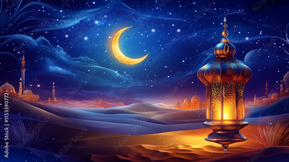 A beautiful desert landscape under a starry night sky with a glowing crescent moon and a detailed, ornate lantern illuminating the sands. Distant silhouettes of minarets and dunes complete the serene A beautiful desert landscape under a starry night sky with a glowing crescent moon and a detailed, ornate lantern illuminating the sands. Distant silhouettes of minarets and dunes complete the serene