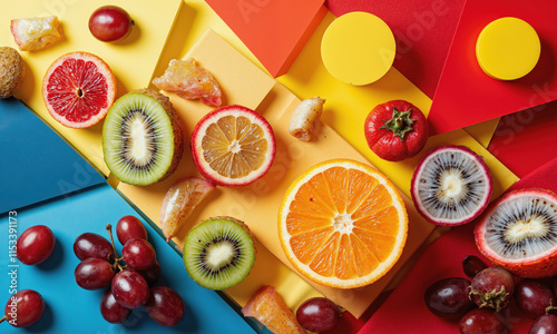 An abstract composition, reminiscent of modern abstract painting, where carefully selected and arranged food items appear to float and swirl photo