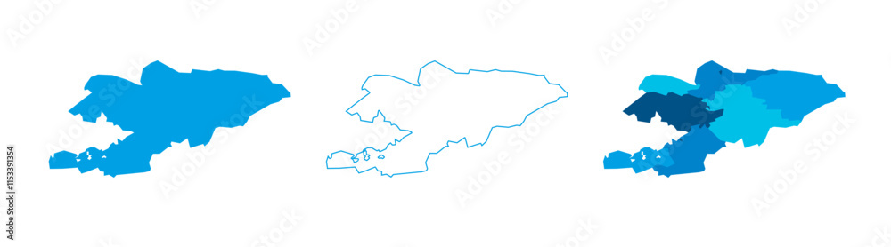 Kyrgyzstan set of three maps - solid map, outline map and map highlighting administrative divisions. Three distinct maps illustrate various representations of a geographical area. Kyrgyzstan set of three maps - solid map, outline map and map highlighting administrative divisions. Three distinct maps illustrate various representations of a geographical area.