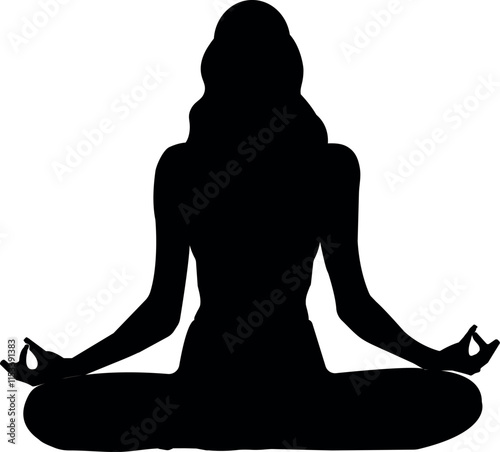 Woman sitting in a yoga posing in a black color. Shadow vector.