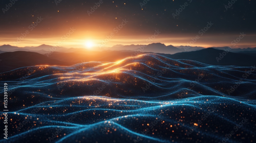 Sunset over glowing, particle wave landscape. Sunset over glowing, particle wave landscape.