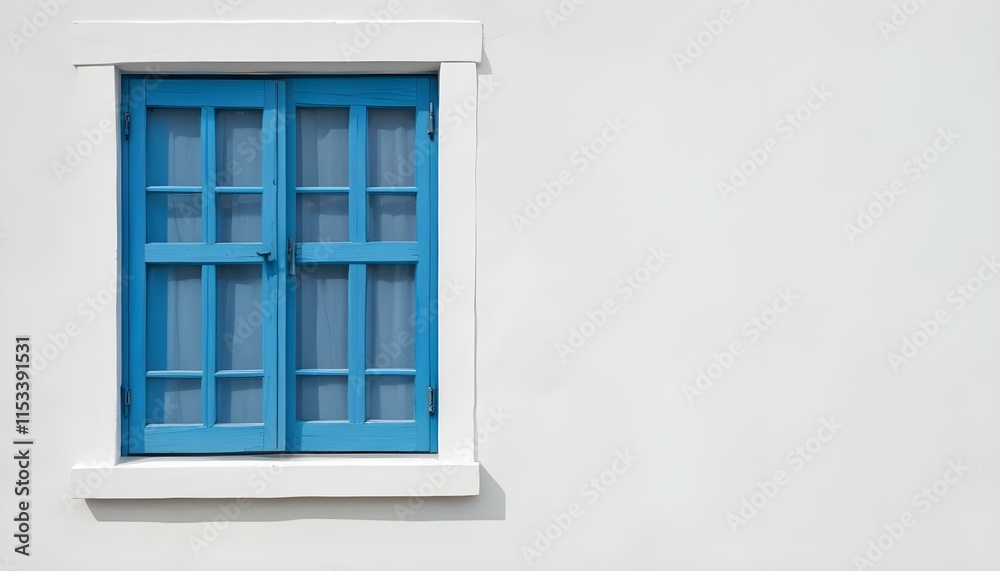 Fototapeta premium A blue wooden window with a white wall background