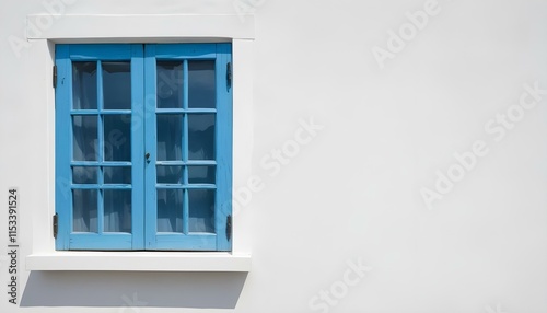 A blue wooden window with a white wall background