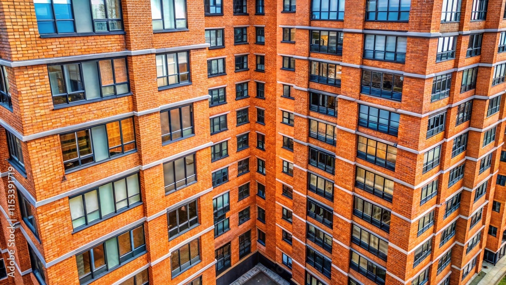 Fototapeta premium Aerial View of Brick High-Rise Building Facade, Drone Photography, Rule of Thirds Composition