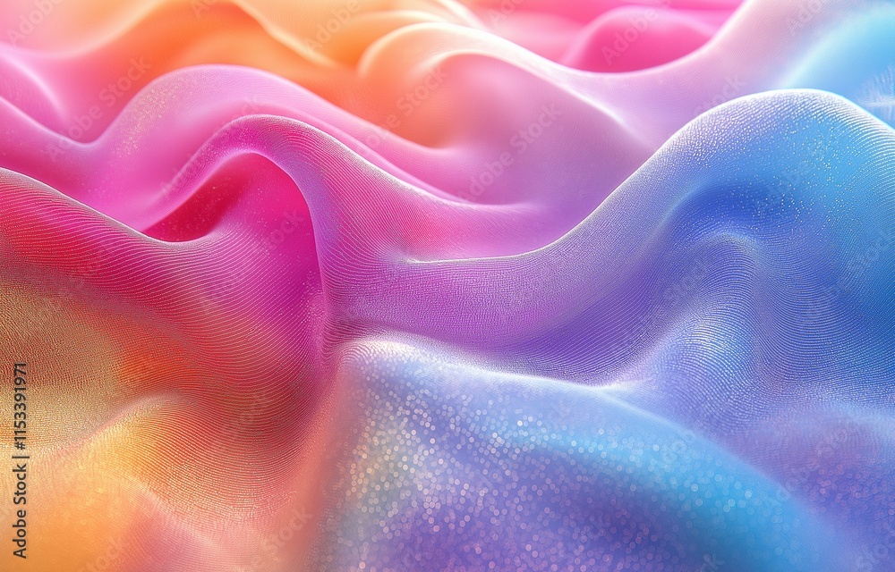 Fototapeta premium 3D render has a glossy, wavy texture of fabric with a beautiful, iridescent holographic backdrop.