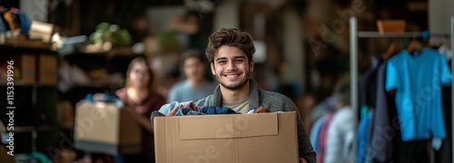 A happy young man carrying a cardboard box filled with charity-related goods and clothing. Engaging in a community service project photo