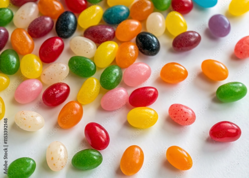 Aerial View of Colorful Jelly Beans Scattered on a White Surface Aerial View of Colorful Jelly Beans Scattered on a White Surface
