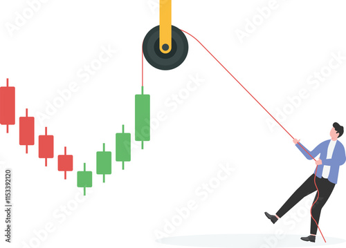 Businessmen use the pulley to pull up the business bar chart to grow business or profits
