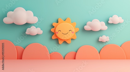Cheerful sun with clouds playful landscape digital illustration soft colors cartoon style joyful atmosphere