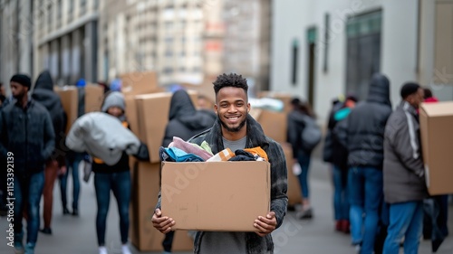 A happy young man carrying a cardboard box filled with charity-related goods and clothing. Engaging in a community service project photo