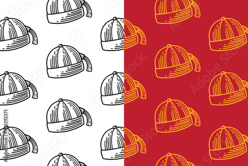 chinese hats retro seamless pattern background set for packaging. doodle tradition hats caps  background. engraving chinese caps wallpaper. pattern background with chinese hats festival.