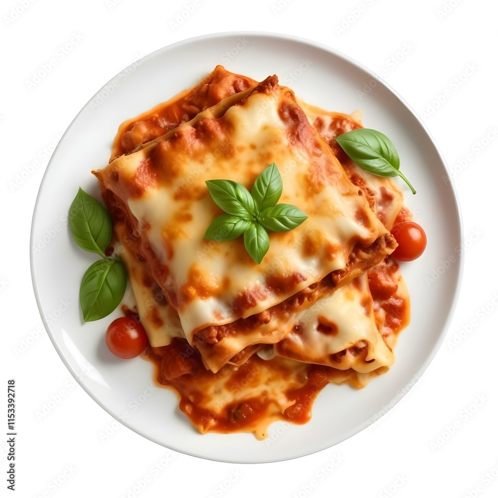 A plate of lasagna with a tomato-based sauce, melted cheese on top, and fresh basil leaves garnishing the dish A plate of lasagna with a tomato-based sauce, melted cheese on top, and fresh basil leaves garnishing the dish