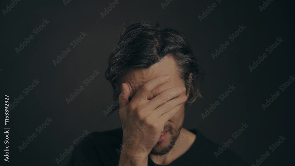 Facepalm Thinker Portrait Young man with big eyes covers his face with his hand expressing frustration or contemplation in a scenic atmospheric setting