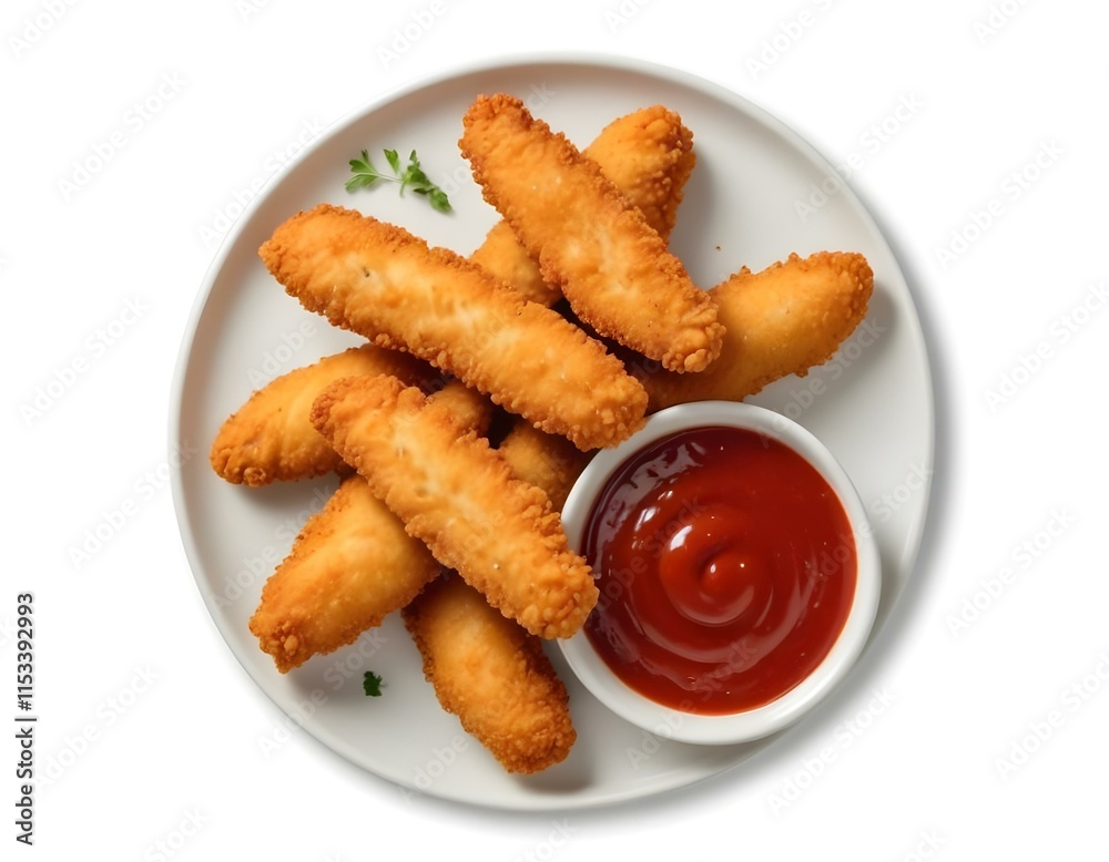 Breaded chicken tenders with ketchup on a white plate Breaded chicken tenders with ketchup on a white plate