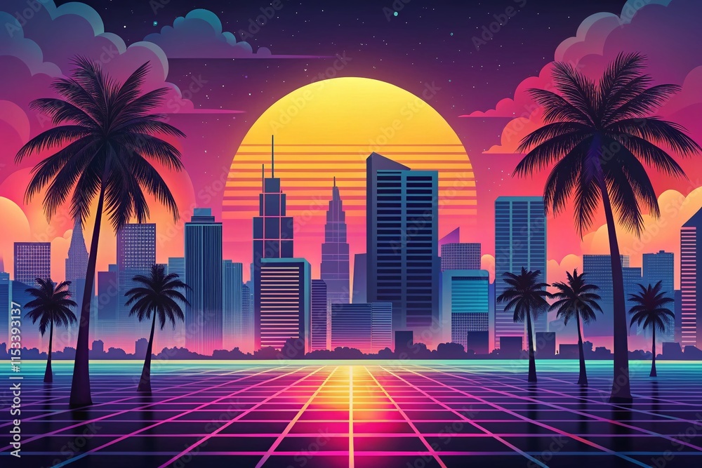 Obraz premium Synthwave Miami Sunset Cityscape: Retro 80s Digital Art Background