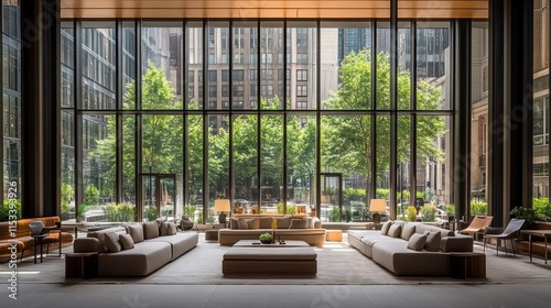 Modern lobby with large windows overlooking a city park.
